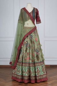 Green floral handpainted lehenga set by Kalista (1)