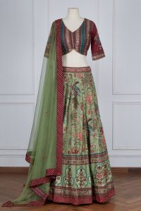 Green floral handpainted lehenga set by Kalista (2)