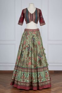 Green floral handpainted lehenga set by Kalista (2)