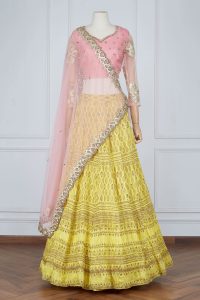 Yellow block printed lehenga set by Astha Narang (1)