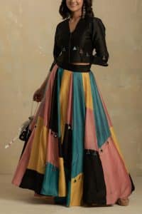 Multicolour colour block lehenga set by Charkhee (1)