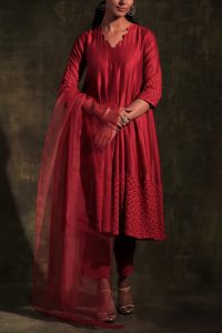 Red Swarovski cutwork anarkali set by Charkhee (1)