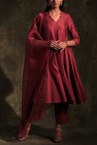 Rust Swarovski cutwork anarkali set by Charkhee (1)