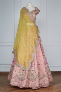 Pink floral embroidery lehenga set by Anushree Reddy (1)