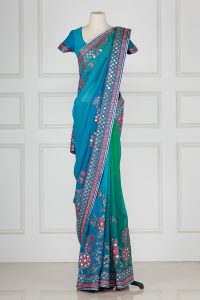 Blue floral mirror embroidered saree set by Abu Jani Sandeep Khosla (2)