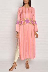 Pink appliqued striped kurta (1)