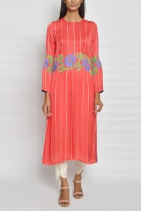 Red appliqued striped kurta (1)