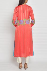 Red appliqued striped kurta (2)