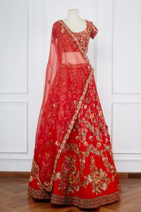 Red floral embroidered lehenga set by Shyamal & Bhumika (1)