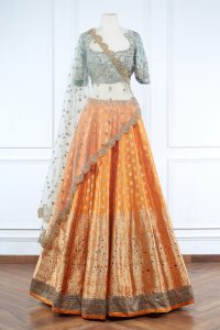 Orange woven benarasi lehenga set (1)