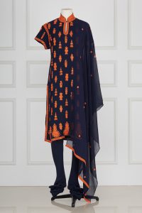 Navy blue motif embroidered kurta set by Rohit Bal (1)