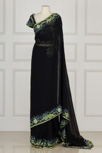 Black floral embroidered saree set by Radhika Naik(1)