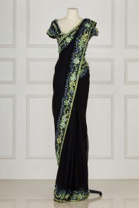 Black floral embroidered saree set by Radhika Naik(2)