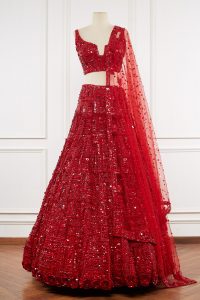 Red embellished lehenga set by Seema Gujral(2)