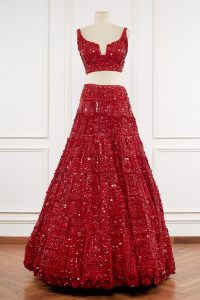 Red embellished lehenga set by Seema Gujral(3)