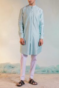 Aqua green front open kurta set by Charkhee (1)