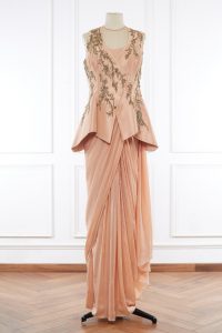 Peach embroidered peplum jacket set by Gaurav Gupta (1)