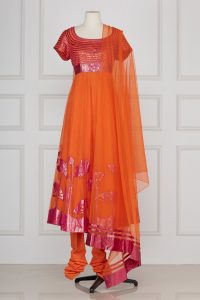 Orange floral appliqued anarkali set by Rohit Bal (1)