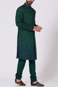 Forest green ombre embroidered sherwani by Jatin Malik (1)