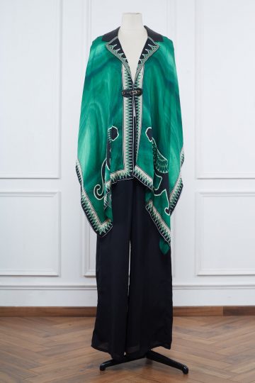 Green animal printed cape by Kamaali Pret