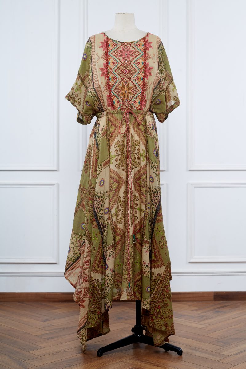 Green geometric printed kaftan dress by Ritu Kumar