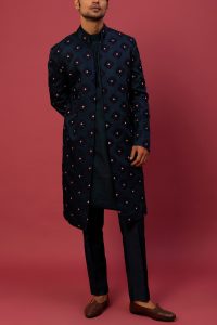 Midnight blue embroidered achkan set by Jatin Malik (1)