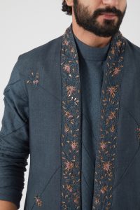 Teal blue floral embroidered shrug set by Jatin Malik (4)