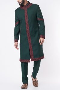 Teal green floral embroidered achkan by Jatin Malik (1)