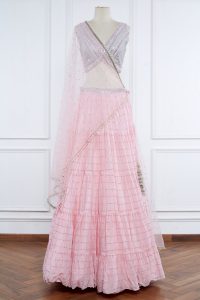 Pink embroidered tiered lehenga set by Chamee & Palak (1)