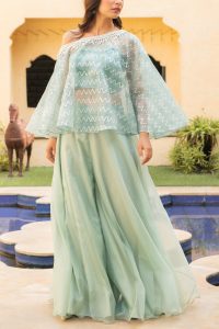 Sea green pearl embellished cape set by Ajiesh Oberoi (1)