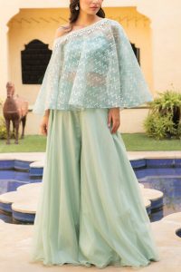 Sea green pearl embellished cape set by Ajiesh Oberoi (2)