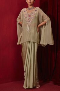 Mint floral embroidery cape and skirt set by Ajiesh Oberoi (1)