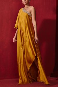 Mustard embroidered one-shoulder dress by Ajiesh Oberoi (1)