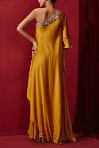 Mustard embroidered one-shoulder dress by Ajiesh Oberoi (2)