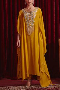 Mustard floral embroidered kaftan set by Ajiesh Oberoi (1)