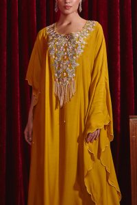 Mustard floral embroidered kaftan set by Ajiesh Oberoi (3)