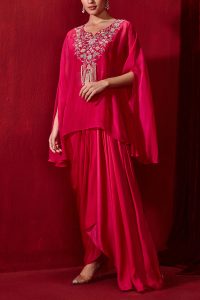 Rani pink embroidered cape and skirt set by Ajiesh Oberoi (1)