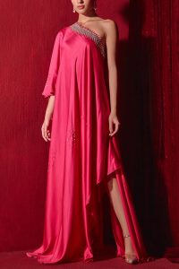 Rani pink embroidered one-shoulder dress by Ajiesh Oberoi (1)