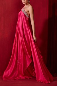 Rani pink embroidered one-shoulder dress by Ajiesh Oberoi (2)